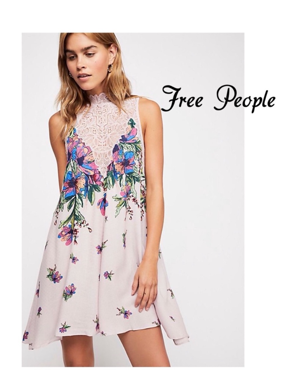 Free People Pink Floral Mini Dress with Multicolor Bouquet Print